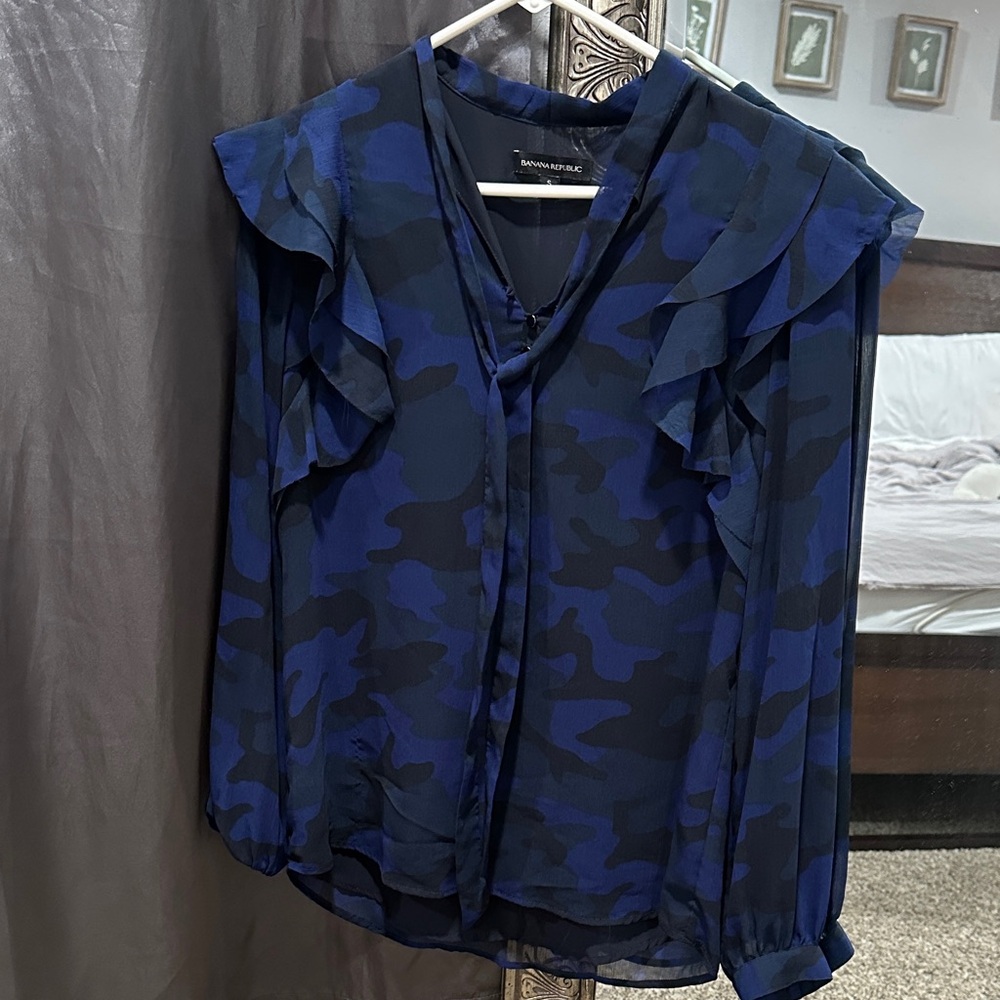 Banana Republic Navy Camouflage Ruffle Blouse
